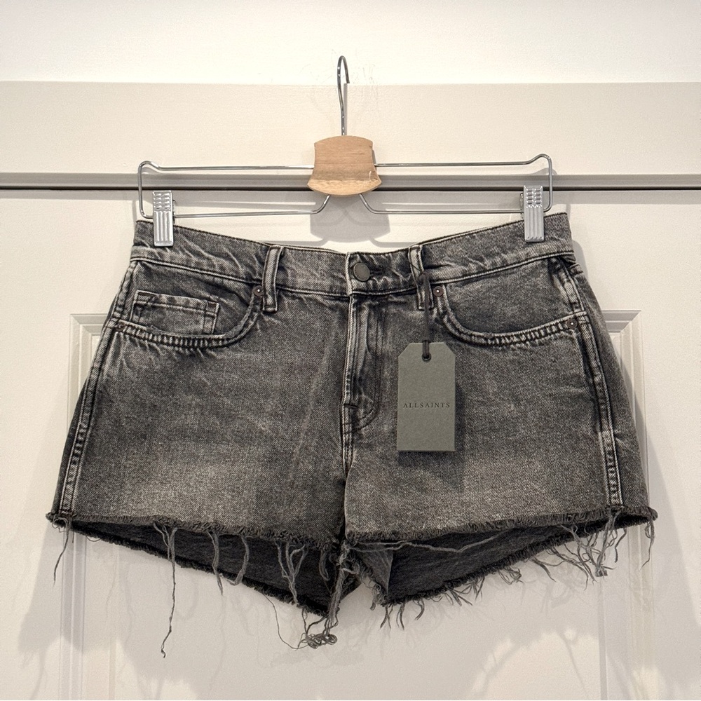 BNWT All Saints Y2K Lea High Waist Frayed Hem Distressed Denim Shorts, US 28,